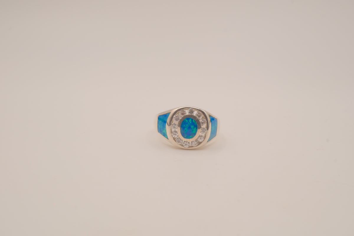 Vintage Sterling Silver Blue Opal &amp; White Topaz Dome Ring