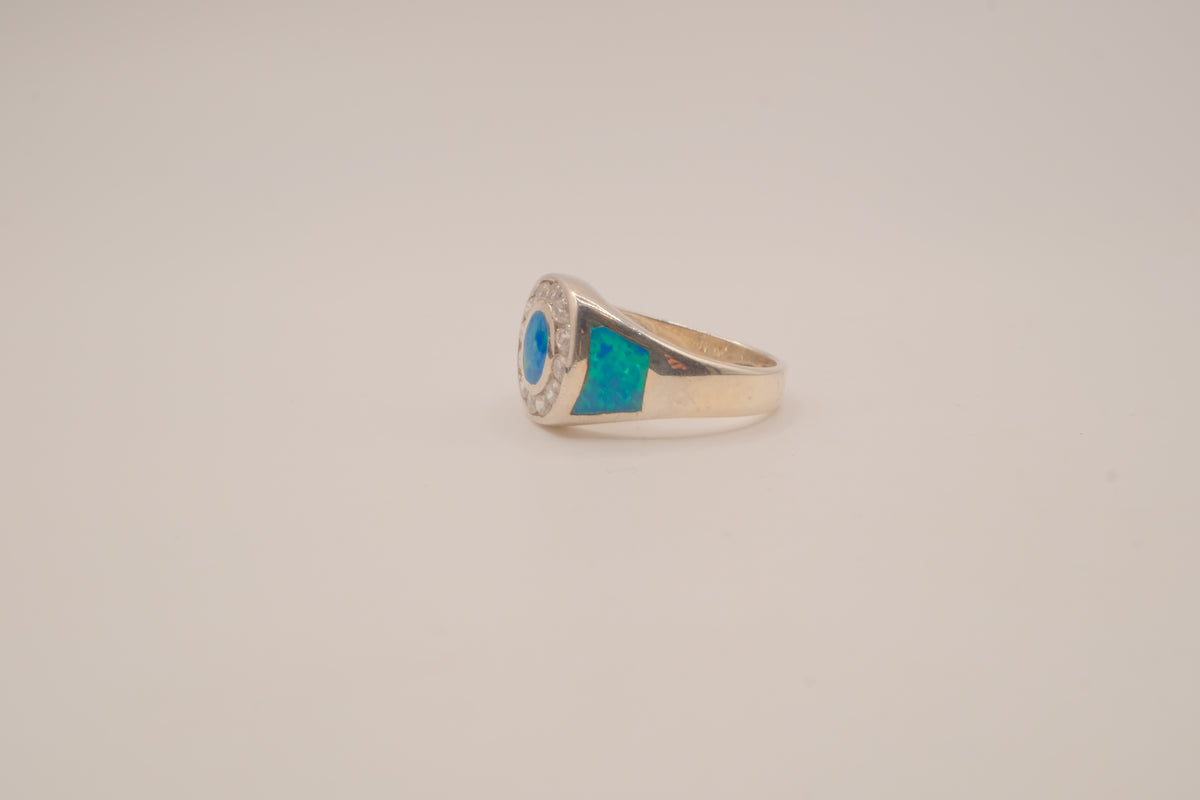 Vintage Sterling Silver Blue Opal &amp; White Topaz Dome Ring