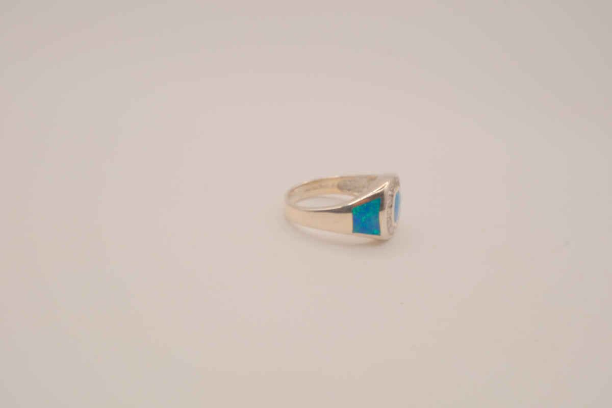 Vintage Sterling Silver Blue Opal &amp; White Topaz Dome Ring