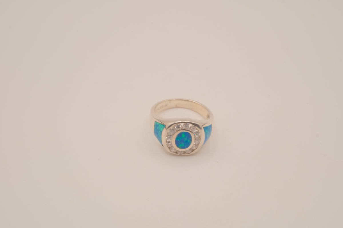 Vintage Sterling Silver Blue Opal &amp; White Topaz Dome Ring