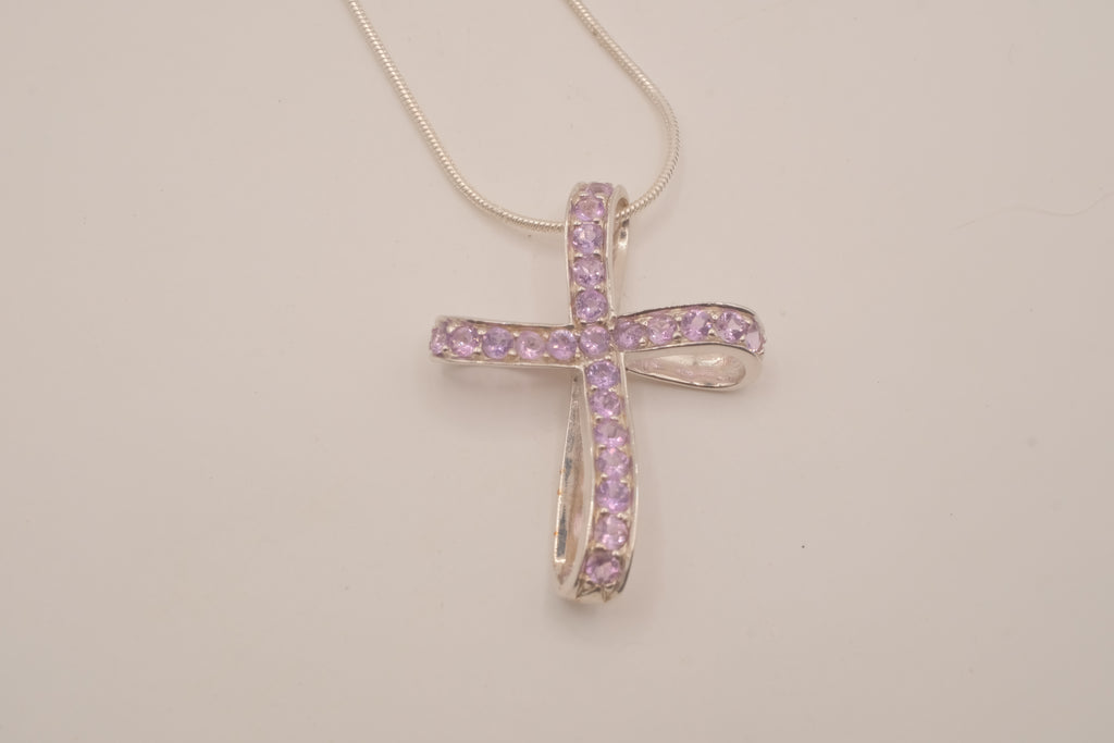 Sterling silver amethyst ribbon-style cross pendant necklace