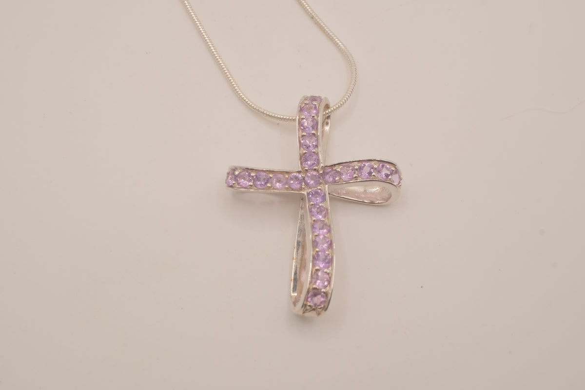 Sterling silver amethyst ribbon-style cross pendant necklace