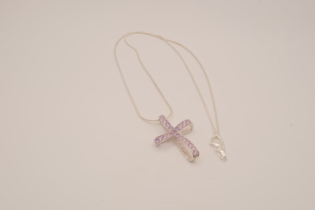 Sterling silver amethyst ribbon-style cross pendant necklace