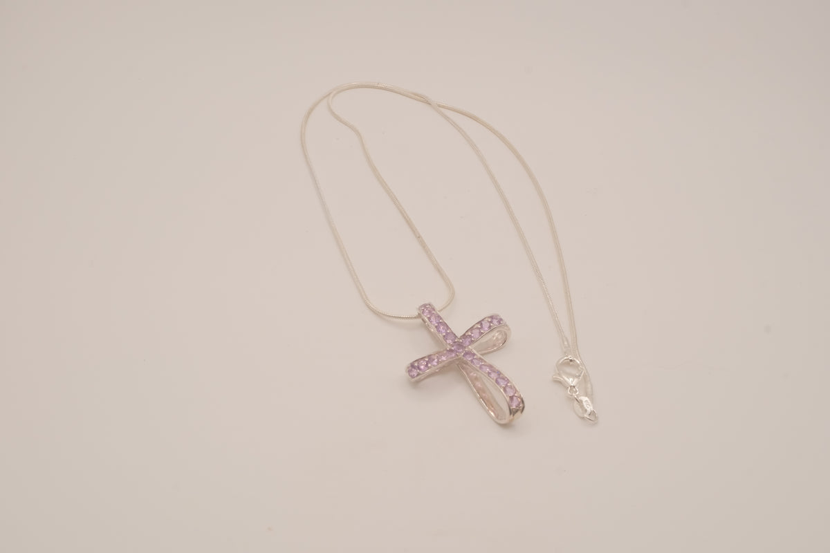 Sterling silver amethyst ribbon-style cross pendant necklace