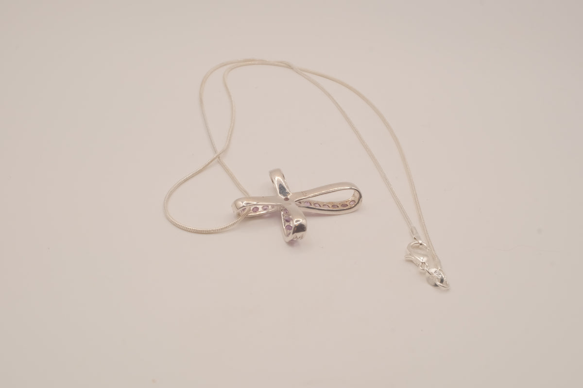 Sterling silver amethyst ribbon-style cross pendant necklace