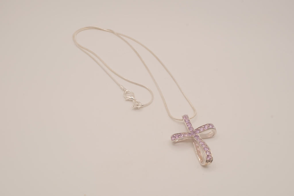 Sterling silver amethyst ribbon-style cross pendant necklace
