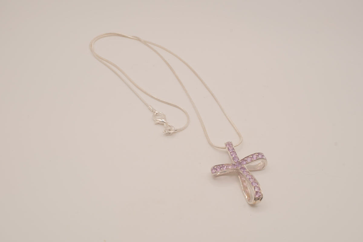 Sterling silver amethyst ribbon-style cross pendant necklace