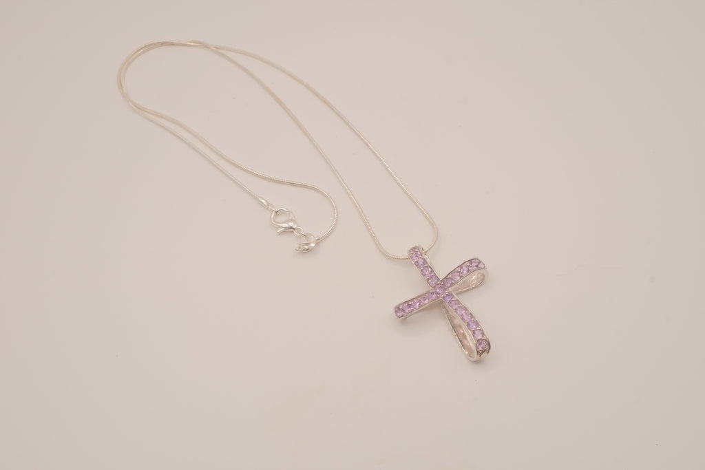 Sterling silver amethyst ribbon-style cross pendant necklace