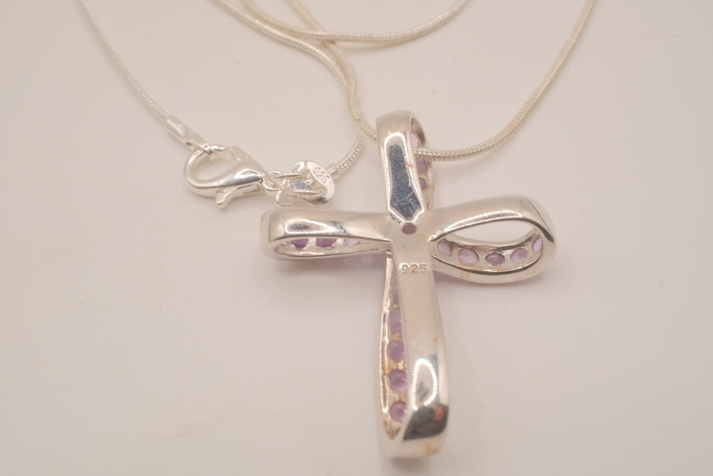 Sterling silver amethyst ribbon-style cross pendant necklace