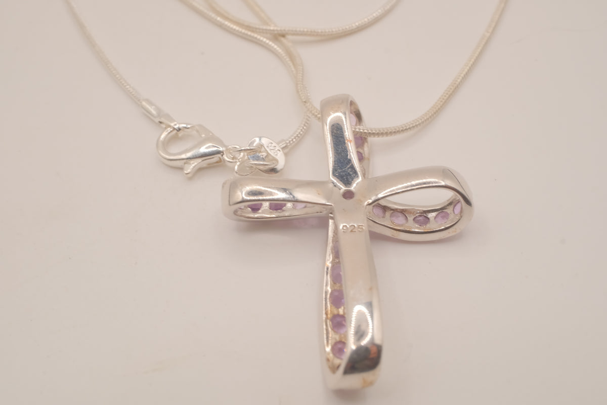 Sterling silver amethyst ribbon-style cross pendant necklace