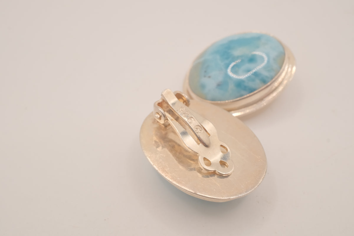 Sterling silver oval Larimar clip on earrings