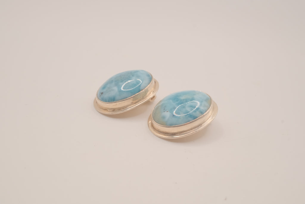 Sterling silver oval Larimar clip on earrings