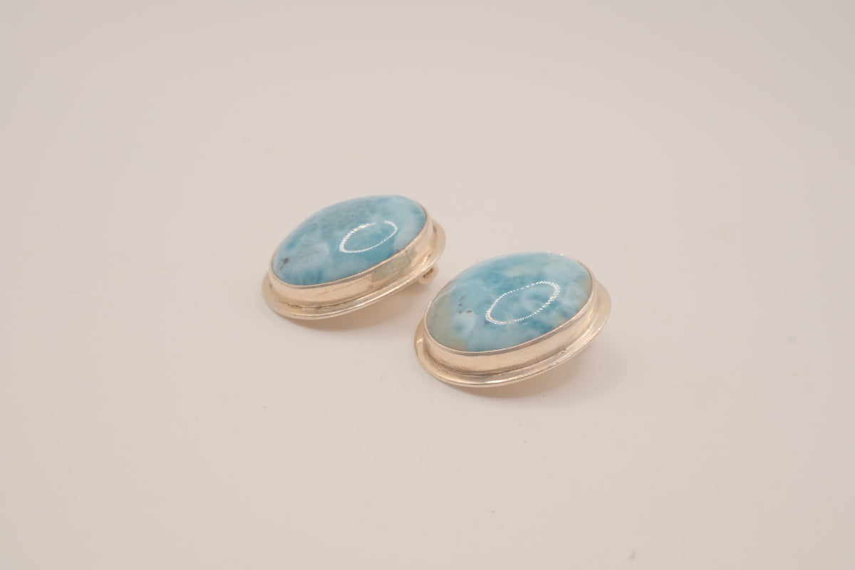 Sterling silver oval Larimar clip on earrings