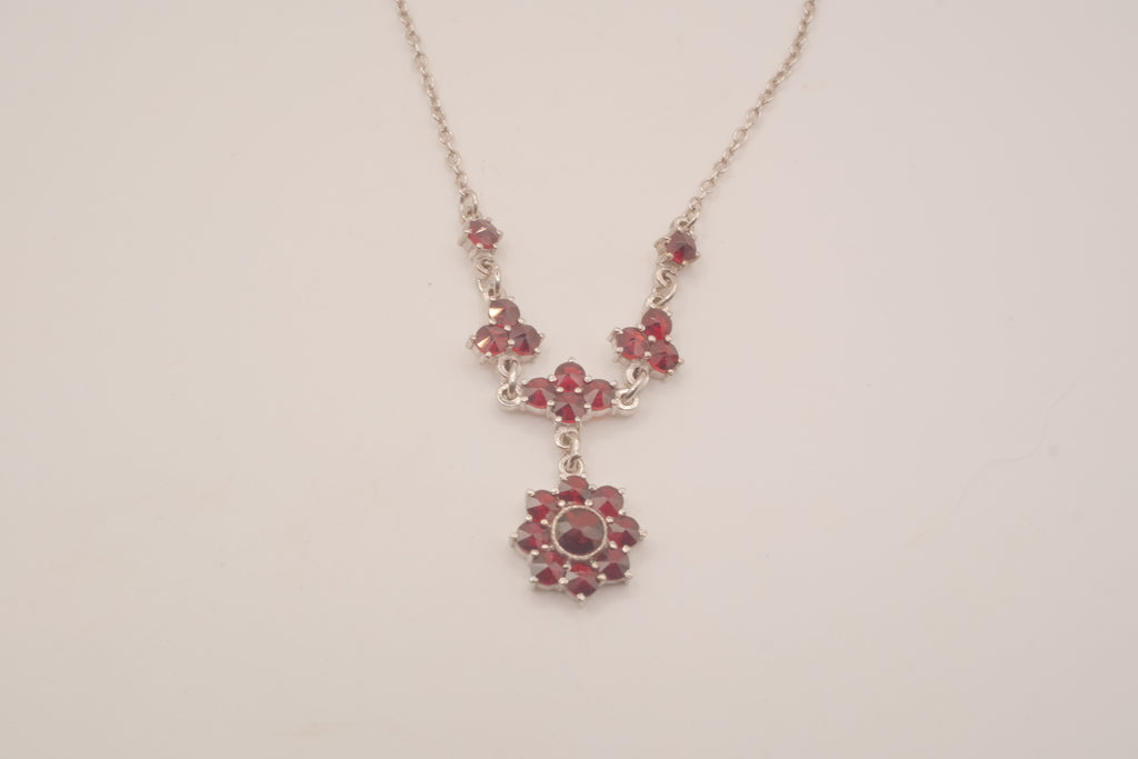 Vintage Bohemian Sterling silver garnet cluster drop necklace
