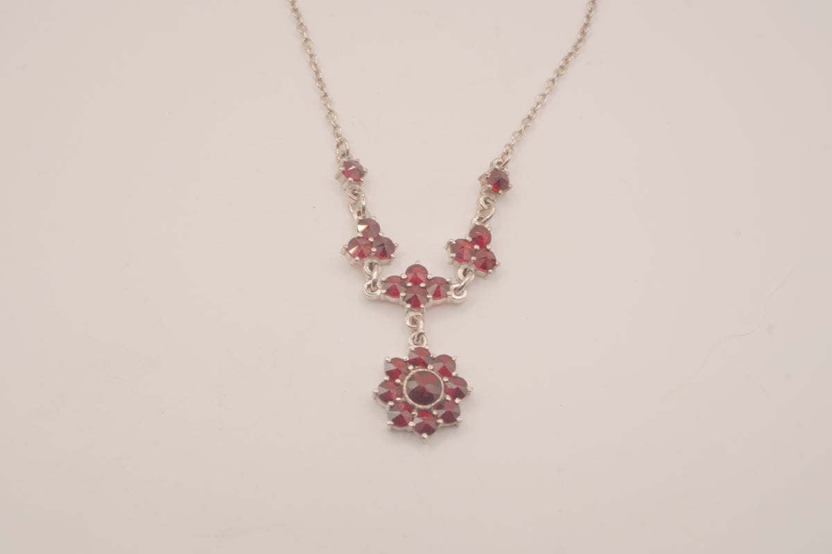 Vintage Bohemian Sterling silver garnet cluster drop necklace