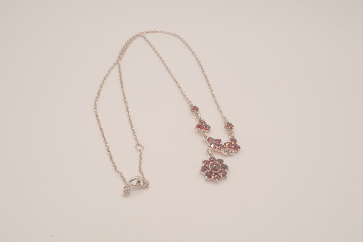 Vintage Bohemian Sterling silver garnet cluster drop necklace