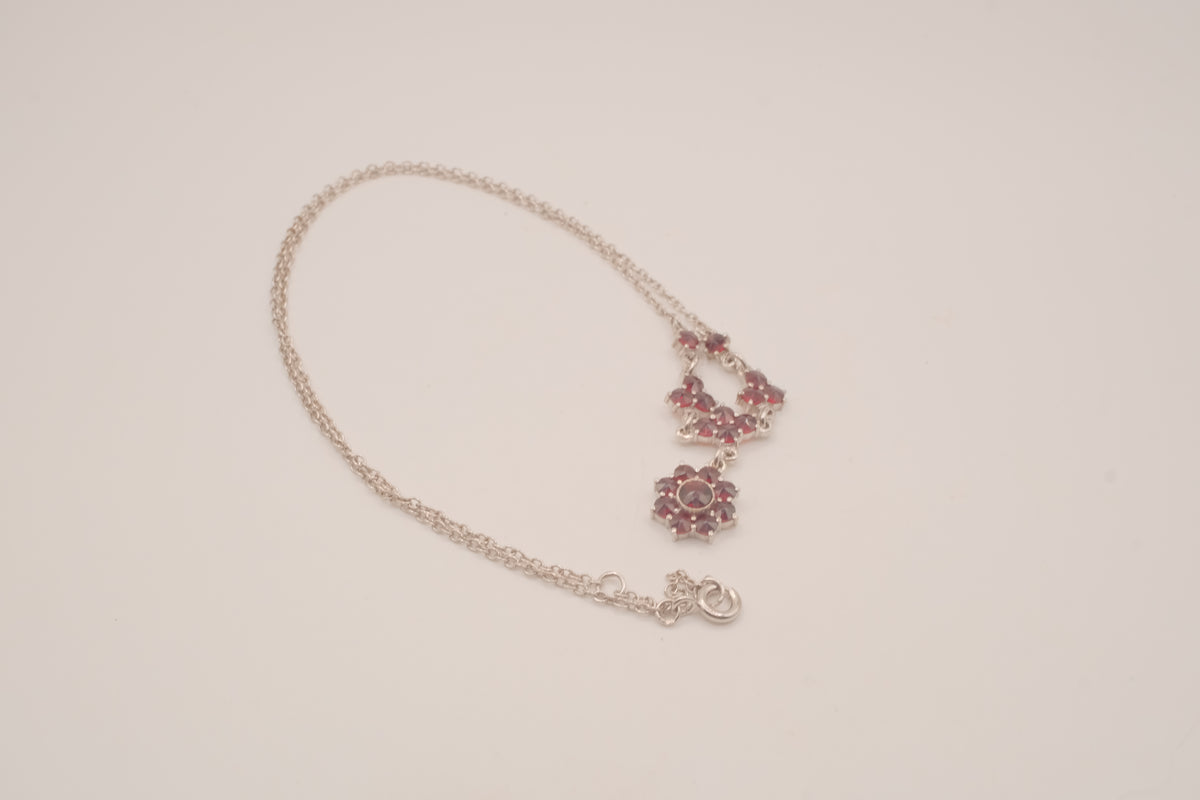 Vintage Bohemian Sterling silver garnet cluster drop necklace