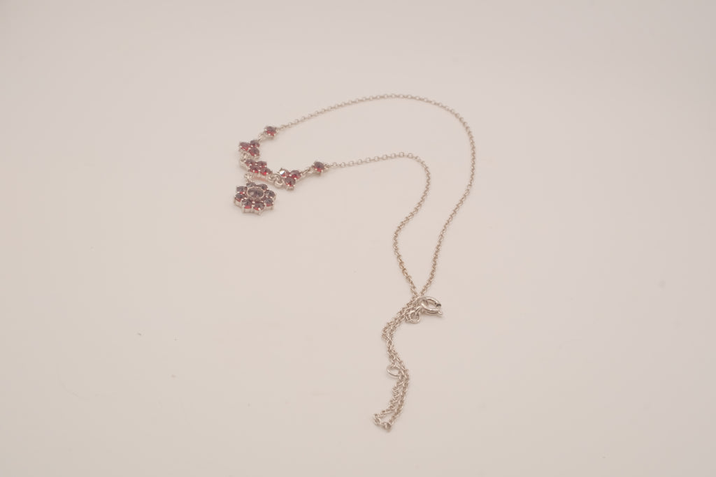 Vintage Bohemian Sterling silver garnet cluster drop necklace