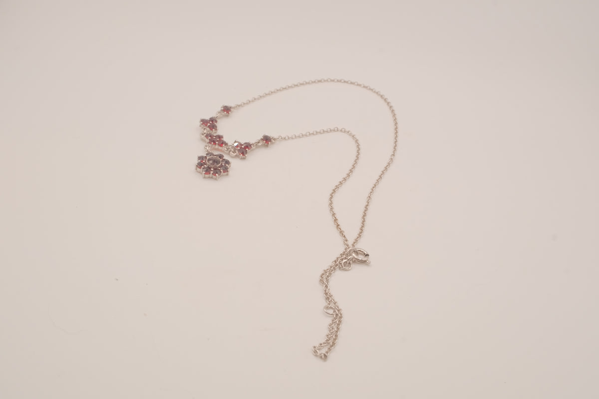 Vintage Bohemian Sterling silver garnet cluster drop necklace
