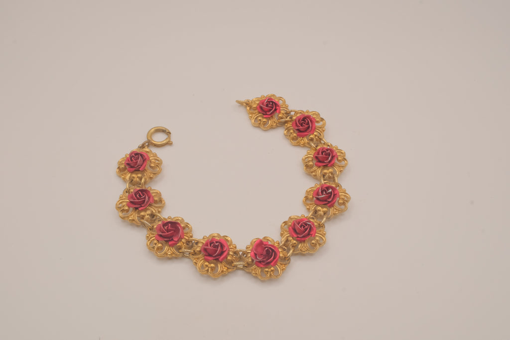 Vintage gold tone roses link bracelet