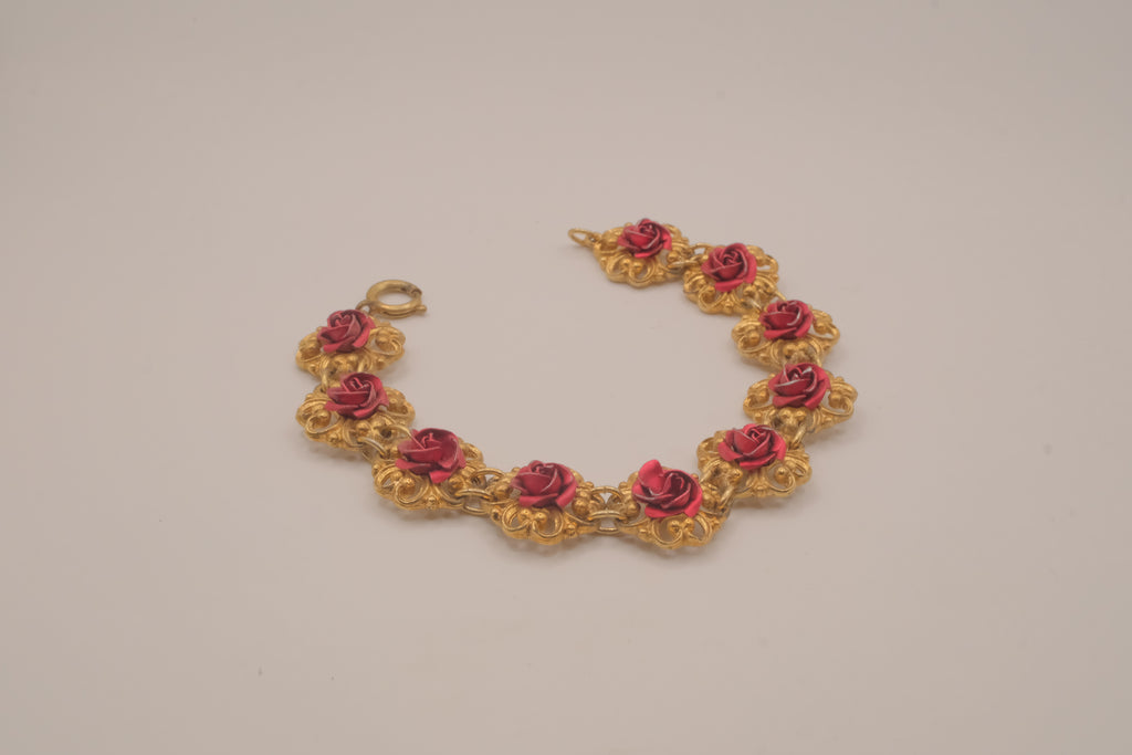 Vintage gold tone roses link bracelet