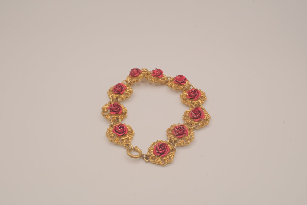 Vintage gold tone roses link bracelet