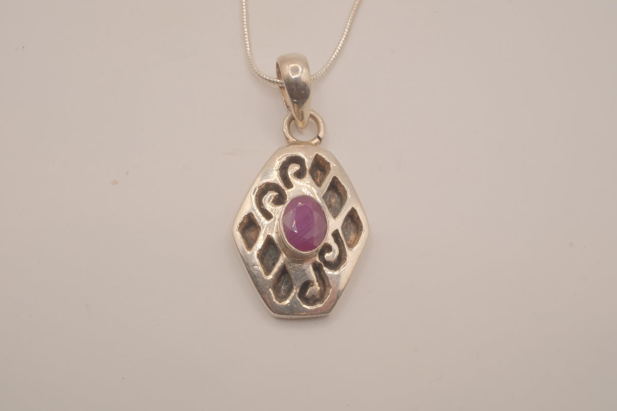 Sterling silver geometric scroll amethyst pendant necklace