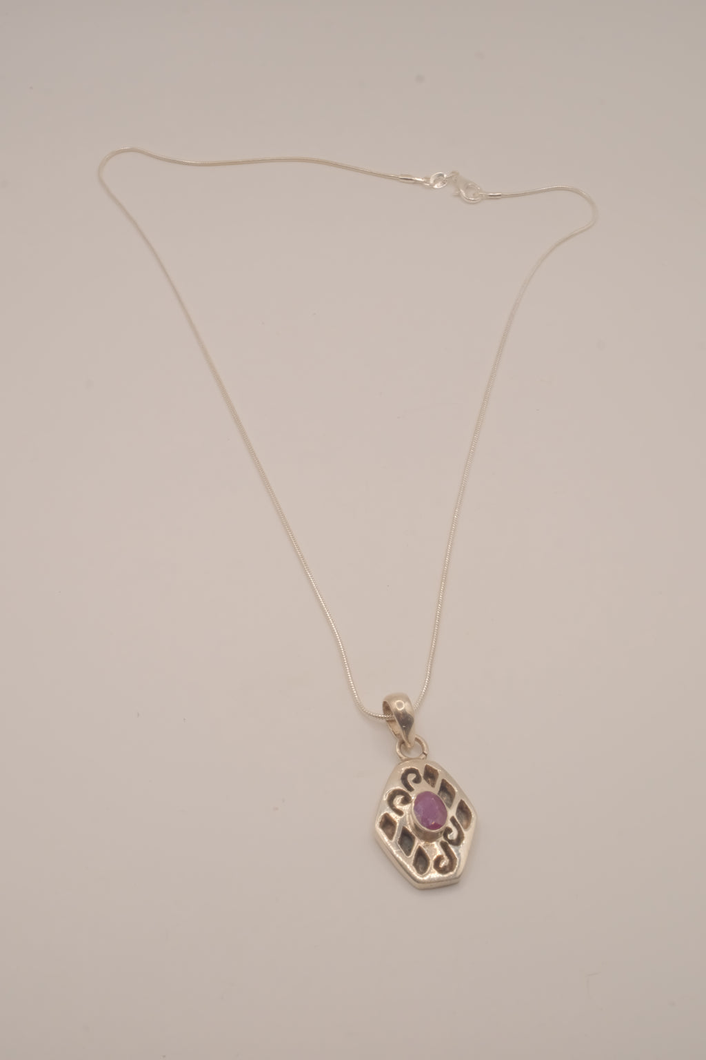 Sterling silver geometric scroll amethyst pendant necklace
