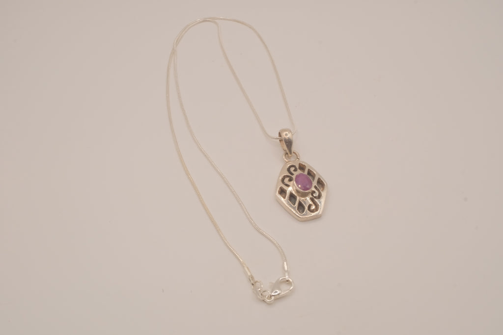 Sterling silver geometric scroll amethyst pendant necklace