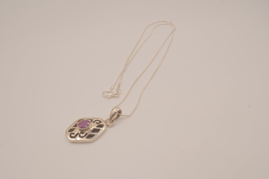 Sterling silver geometric scroll amethyst pendant necklace