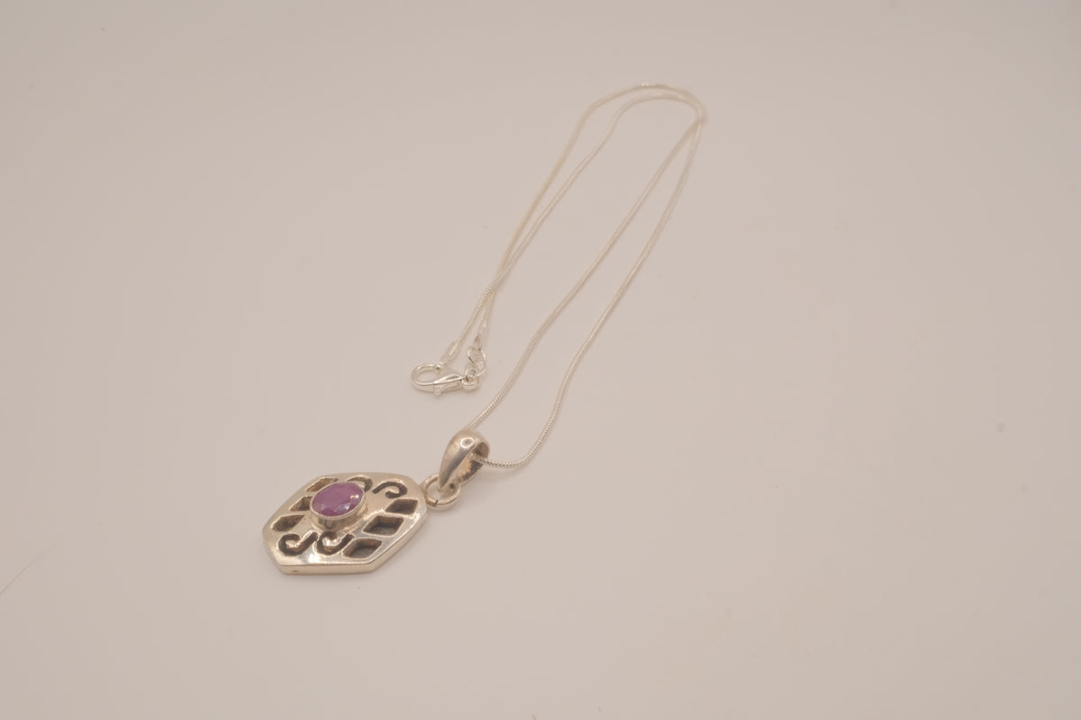Sterling silver geometric scroll amethyst pendant necklace