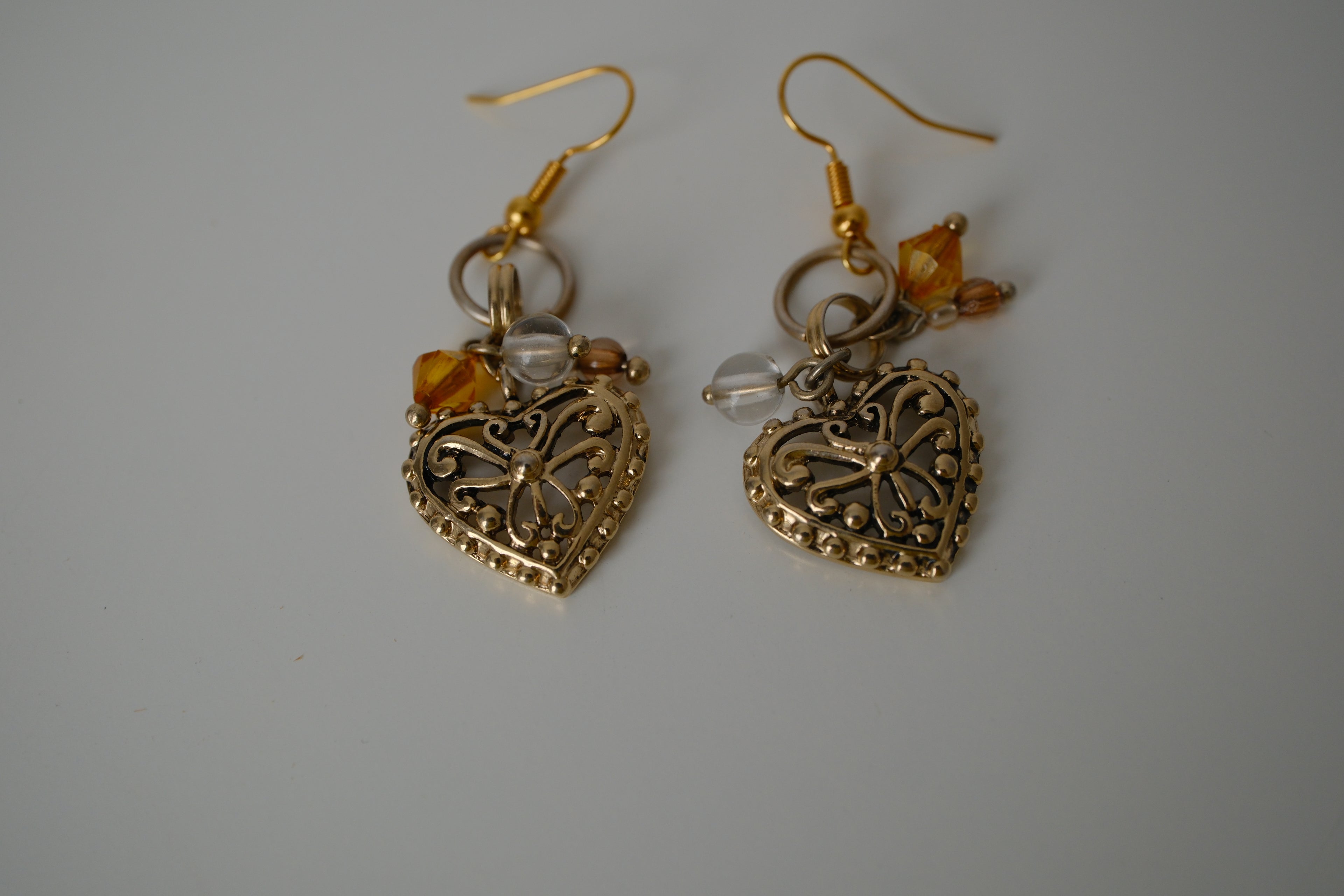 Reworked filigree heart drop dangle earrings
