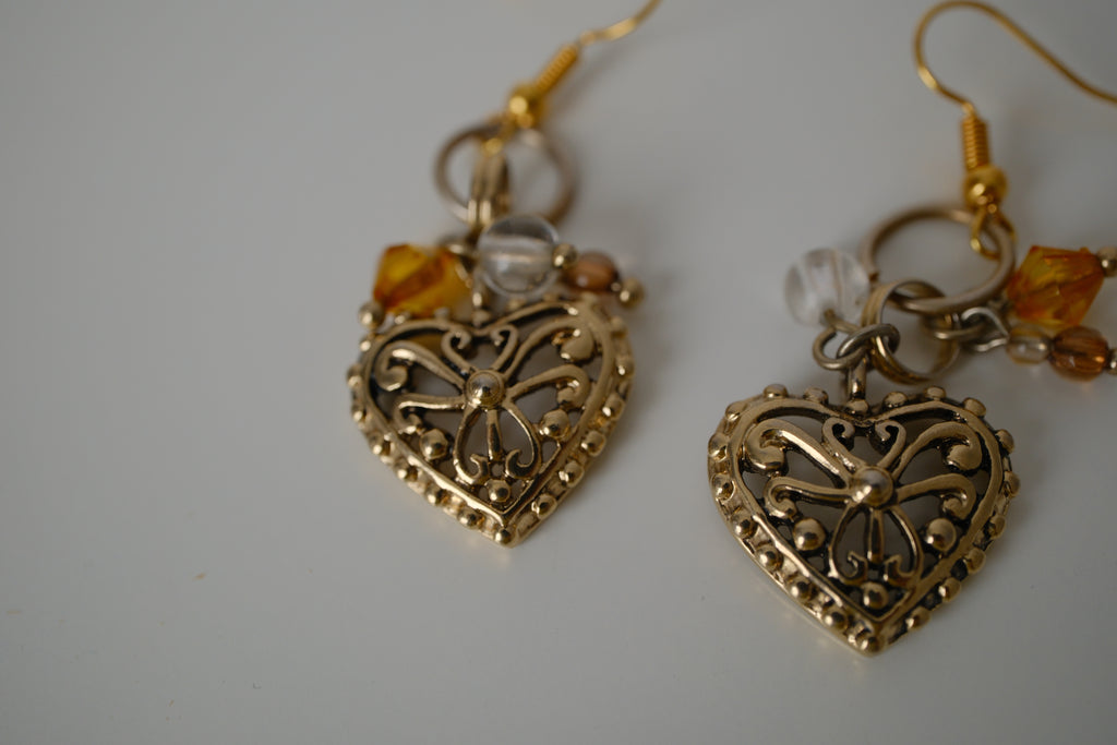 Reworked filigree heart drop dangle earrings