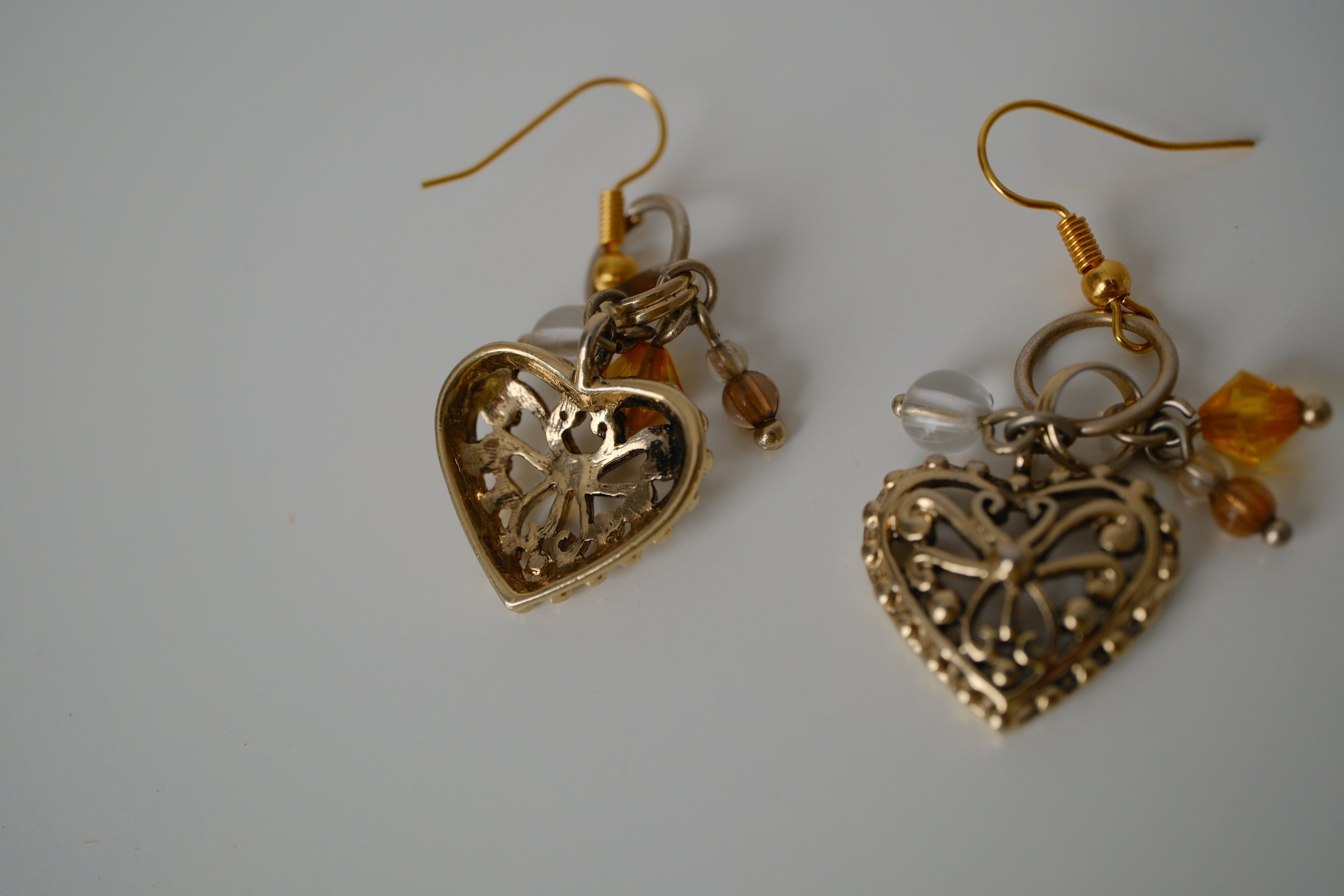 Reworked filigree heart drop dangle earrings