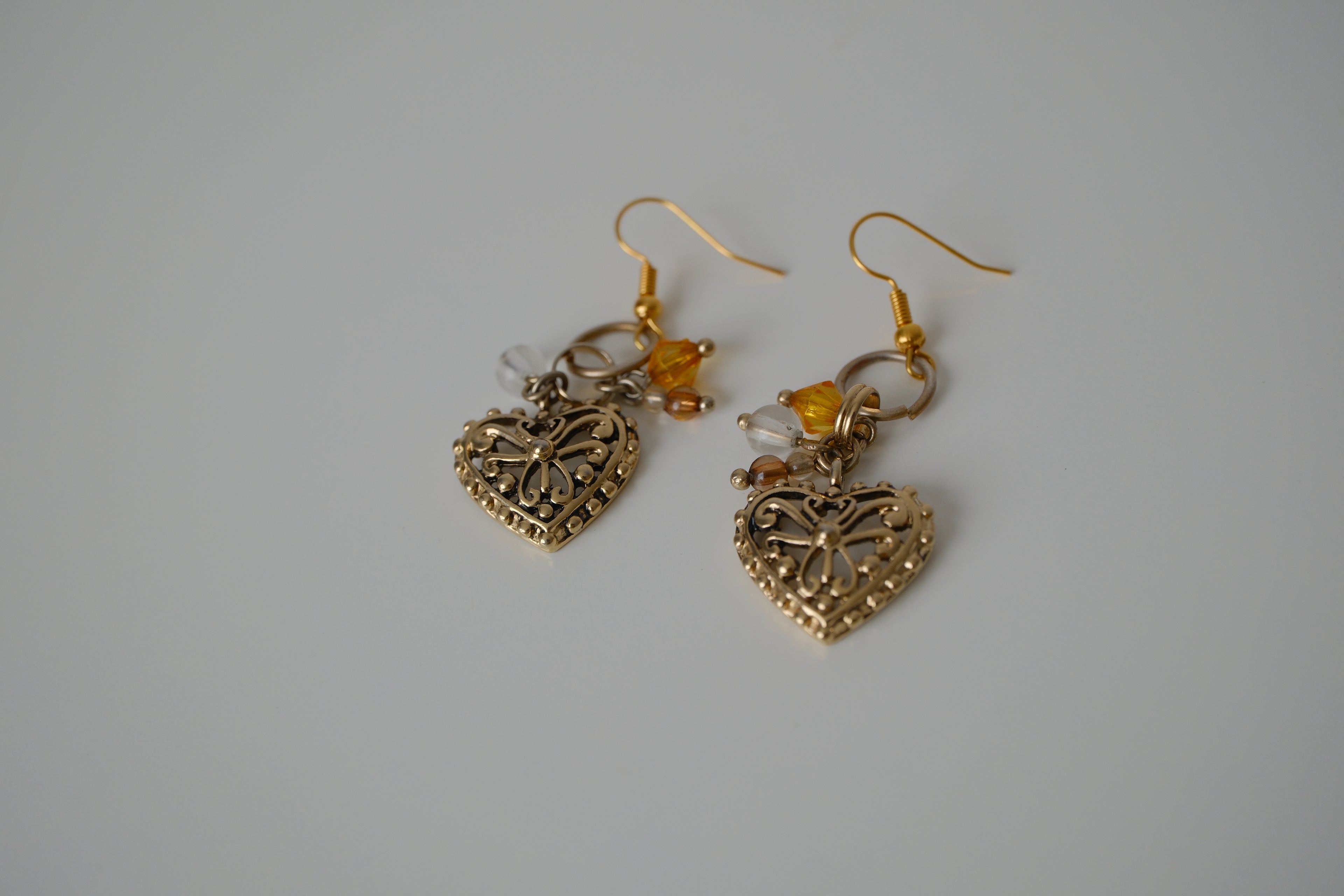 Reworked filigree heart drop dangle earrings