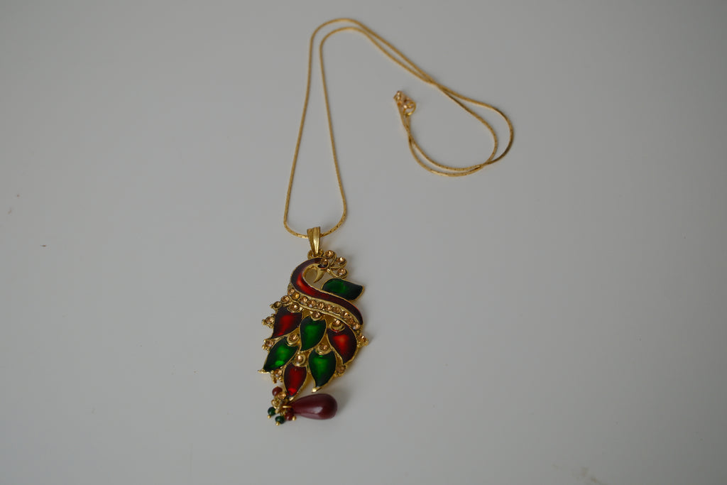 Red and Green enamel peacock-shaped pendant necklace