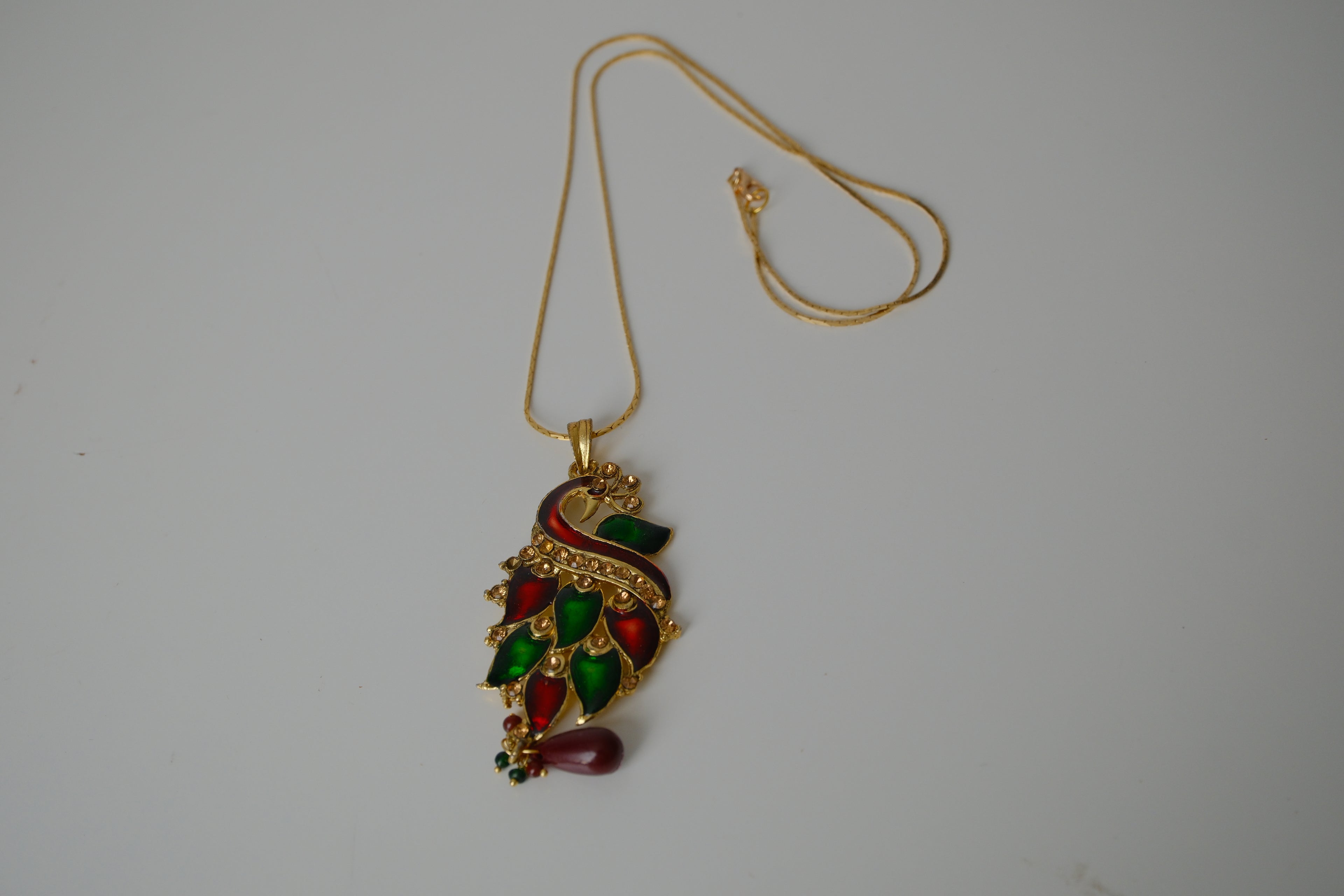 Red and Green enamel peacock-shaped pendant necklace