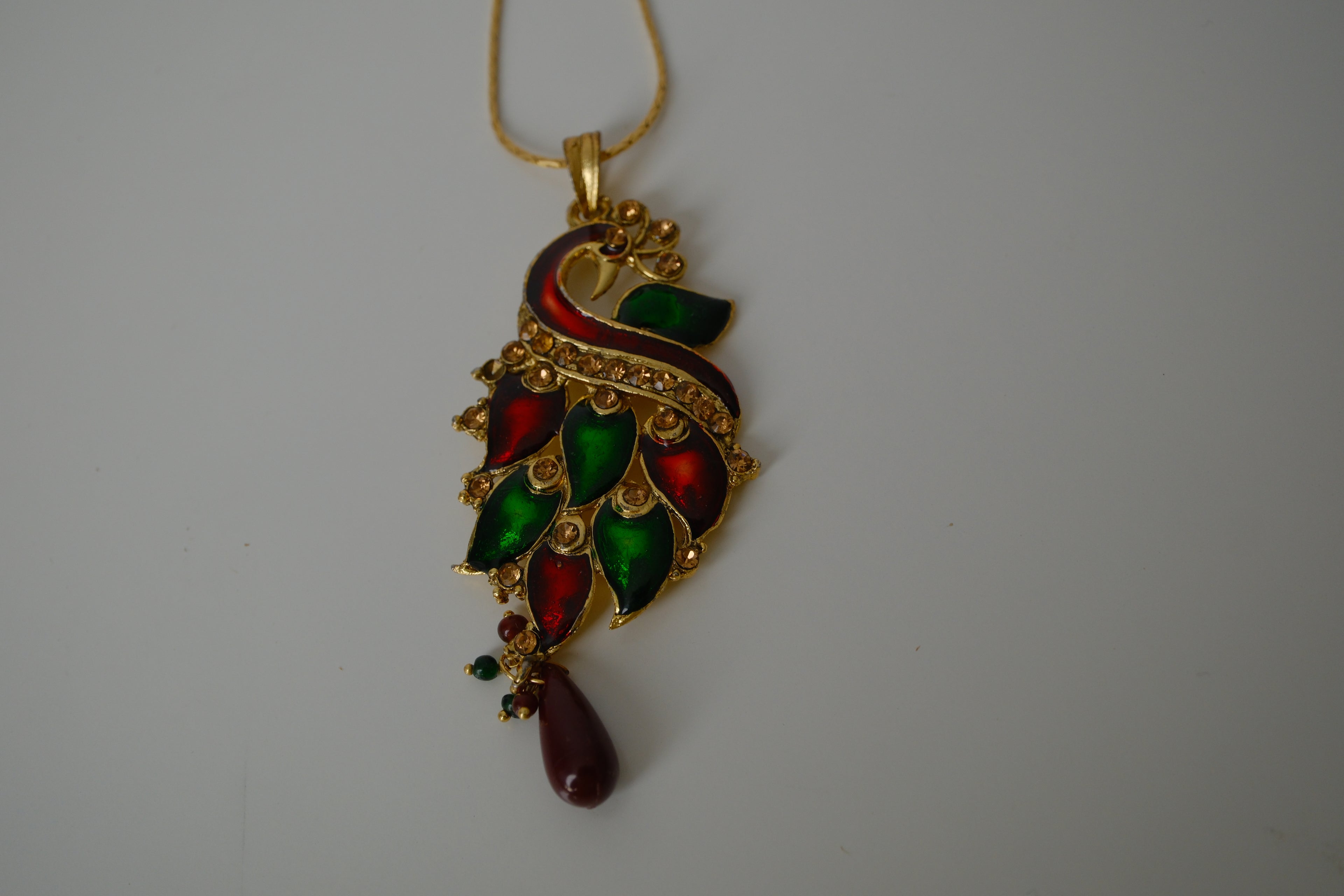 Red and Green enamel peacock-shaped pendant necklace