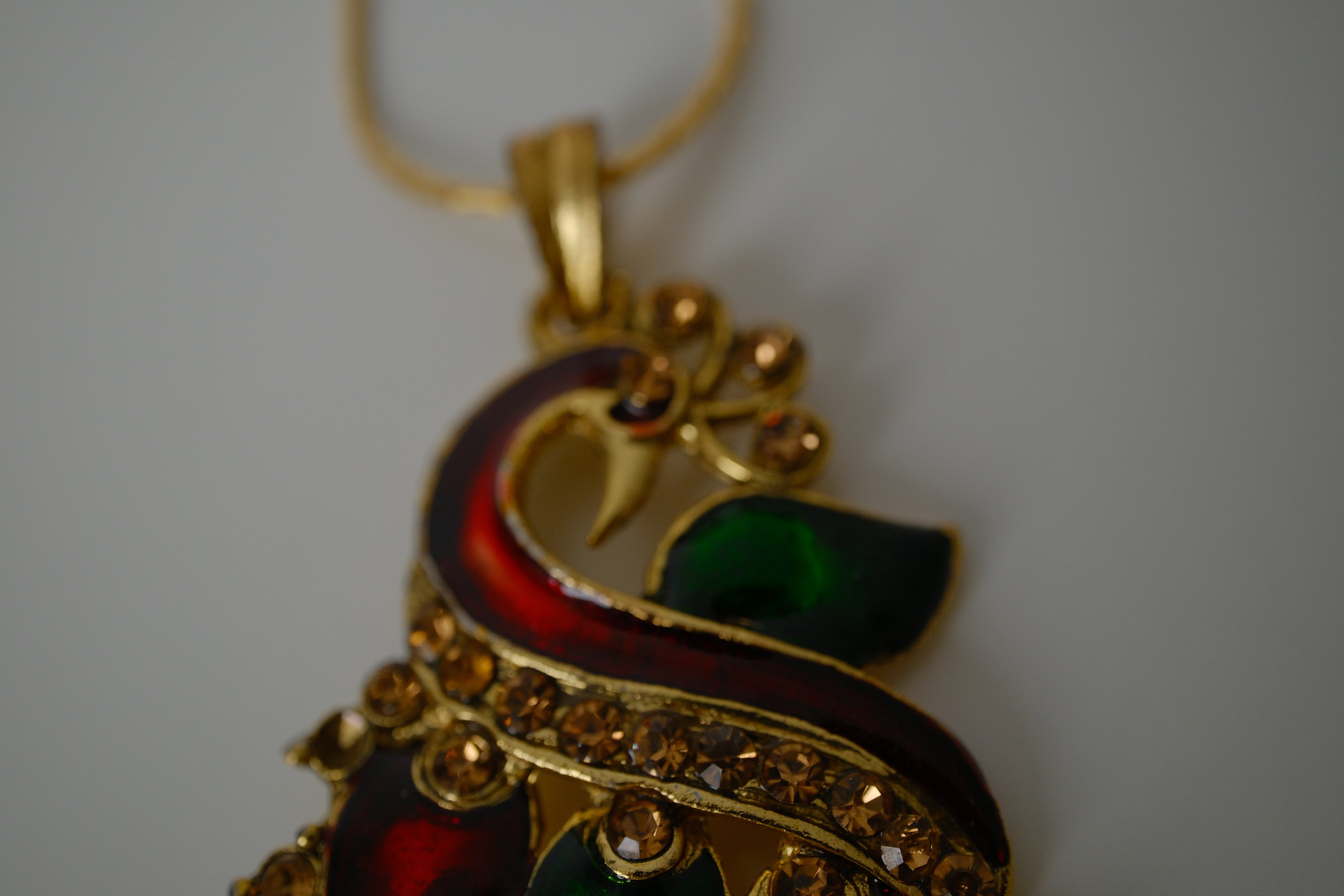 Red and Green enamel peacock-shaped pendant necklace