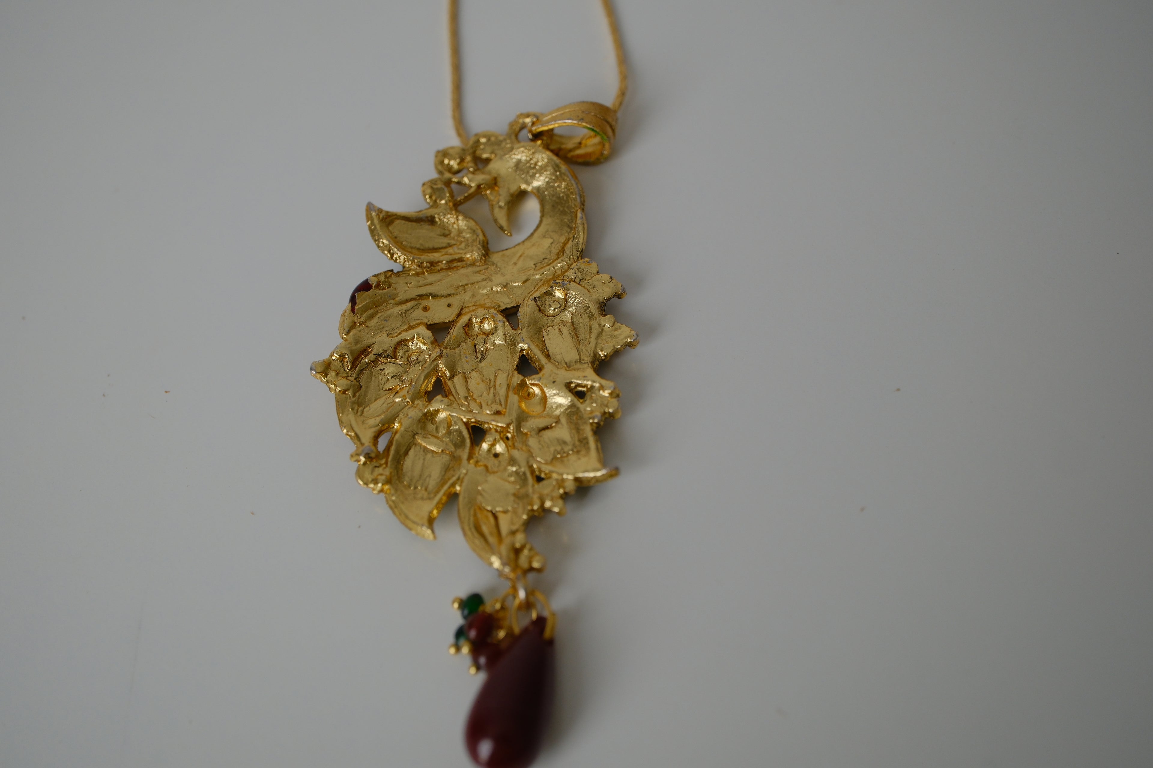 Red and Green enamel peacock-shaped pendant necklace