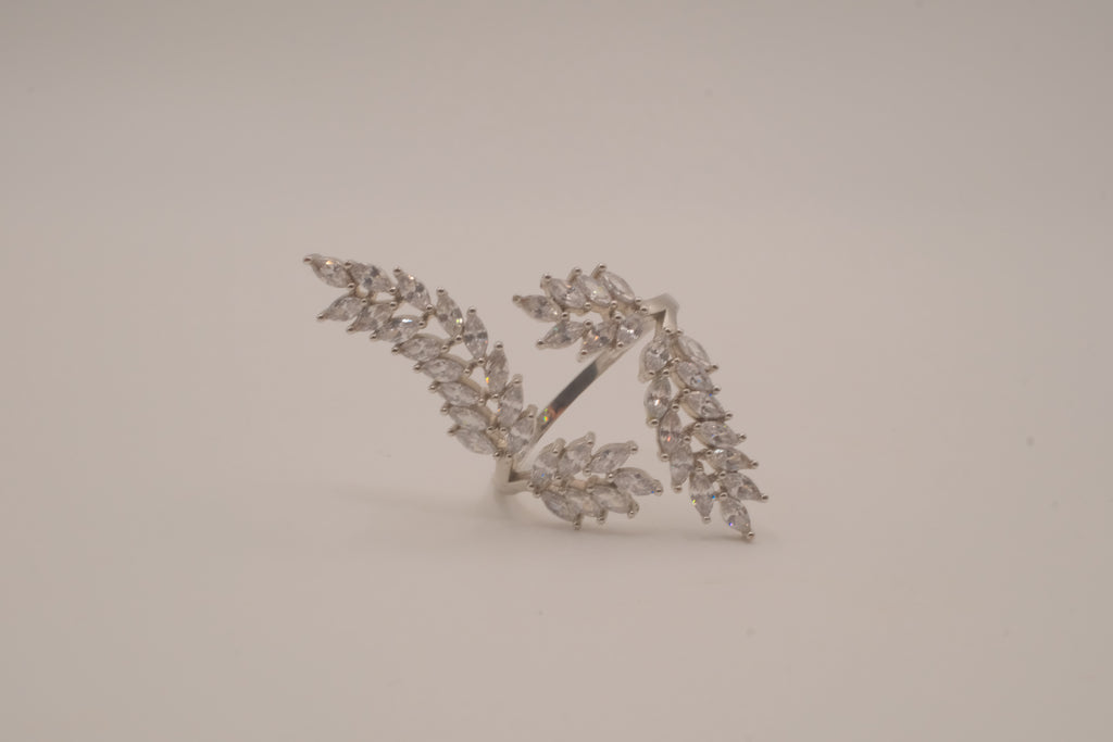 Marquise-cut cubic zirconia leaf branch open statement ring