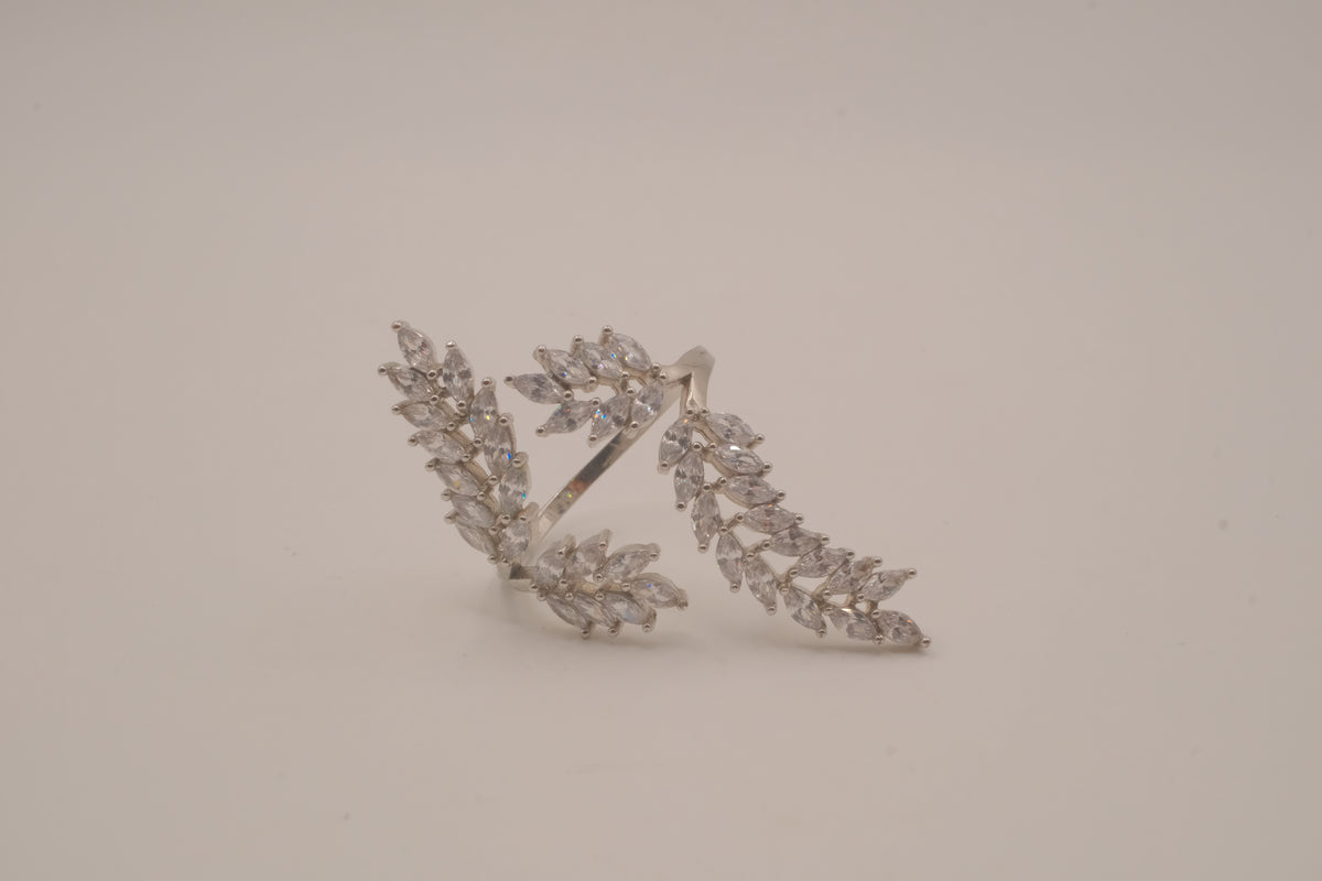 Marquise-cut cubic zirconia leaf branch open statement ring