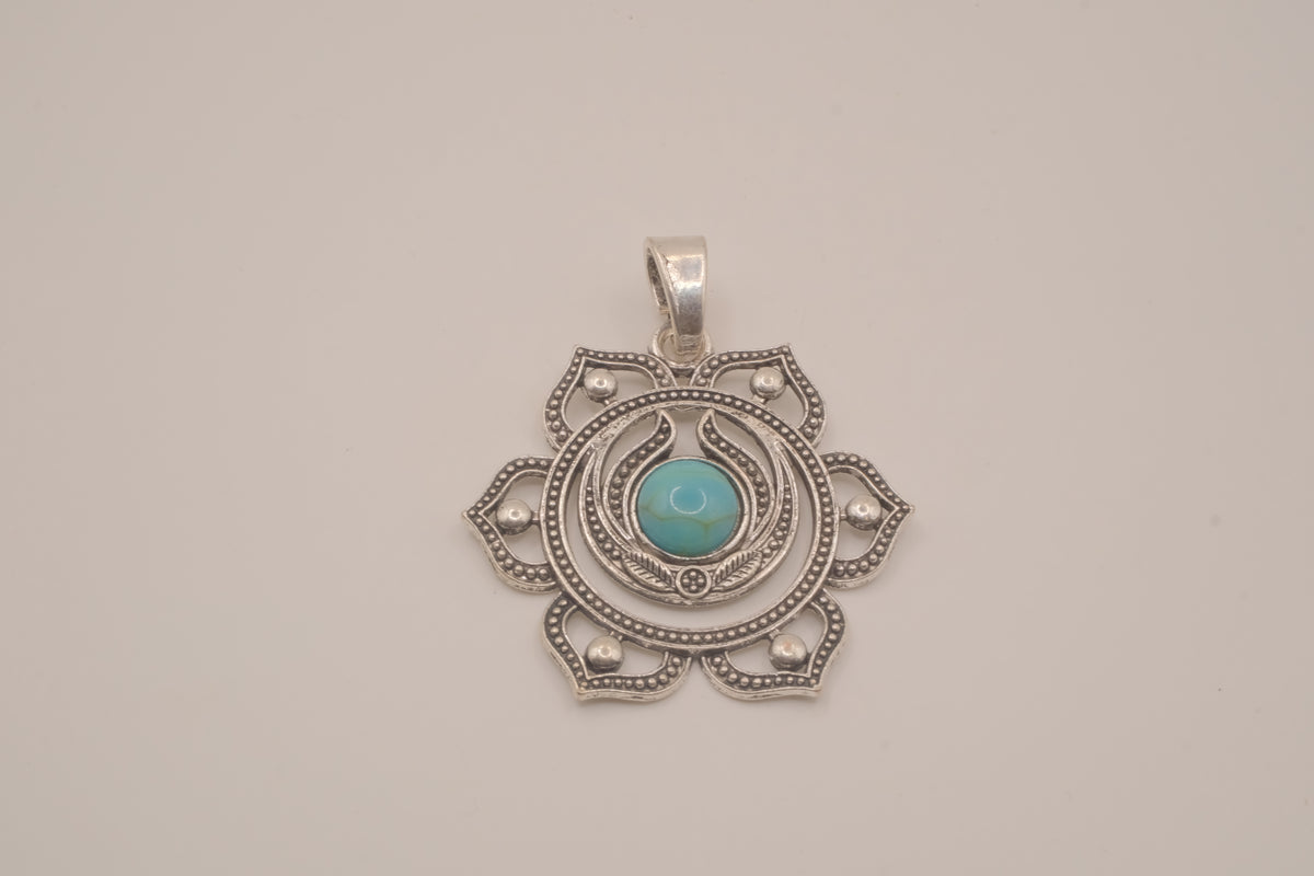 Ornate silver lotus flower mandala pendant