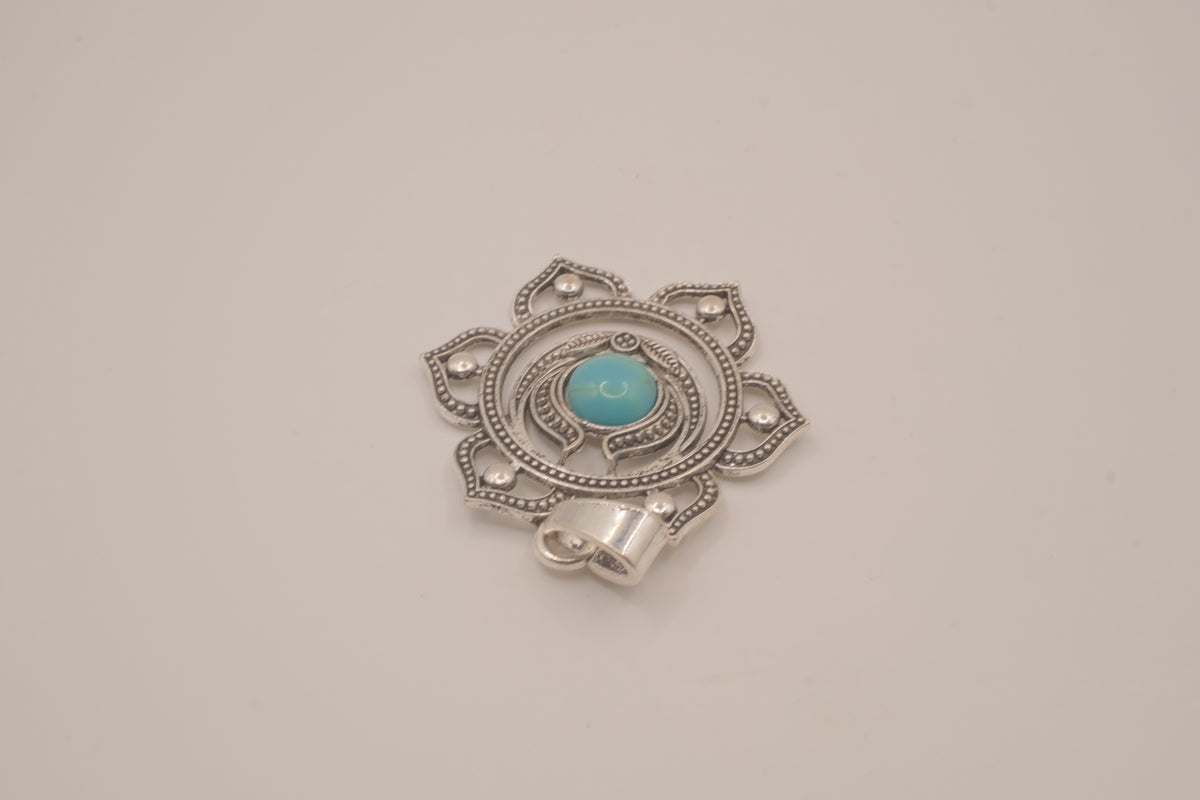 Ornate silver lotus flower mandala pendant