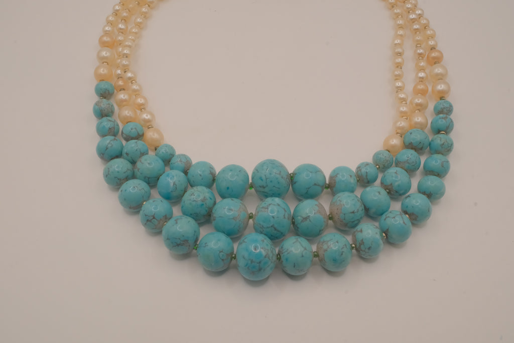 Vintage multi-strand faux turquoise and pearl necklace