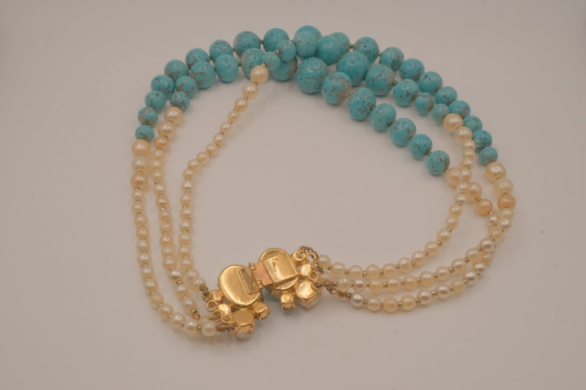 Vintage multi-strand faux turquoise and pearl necklace