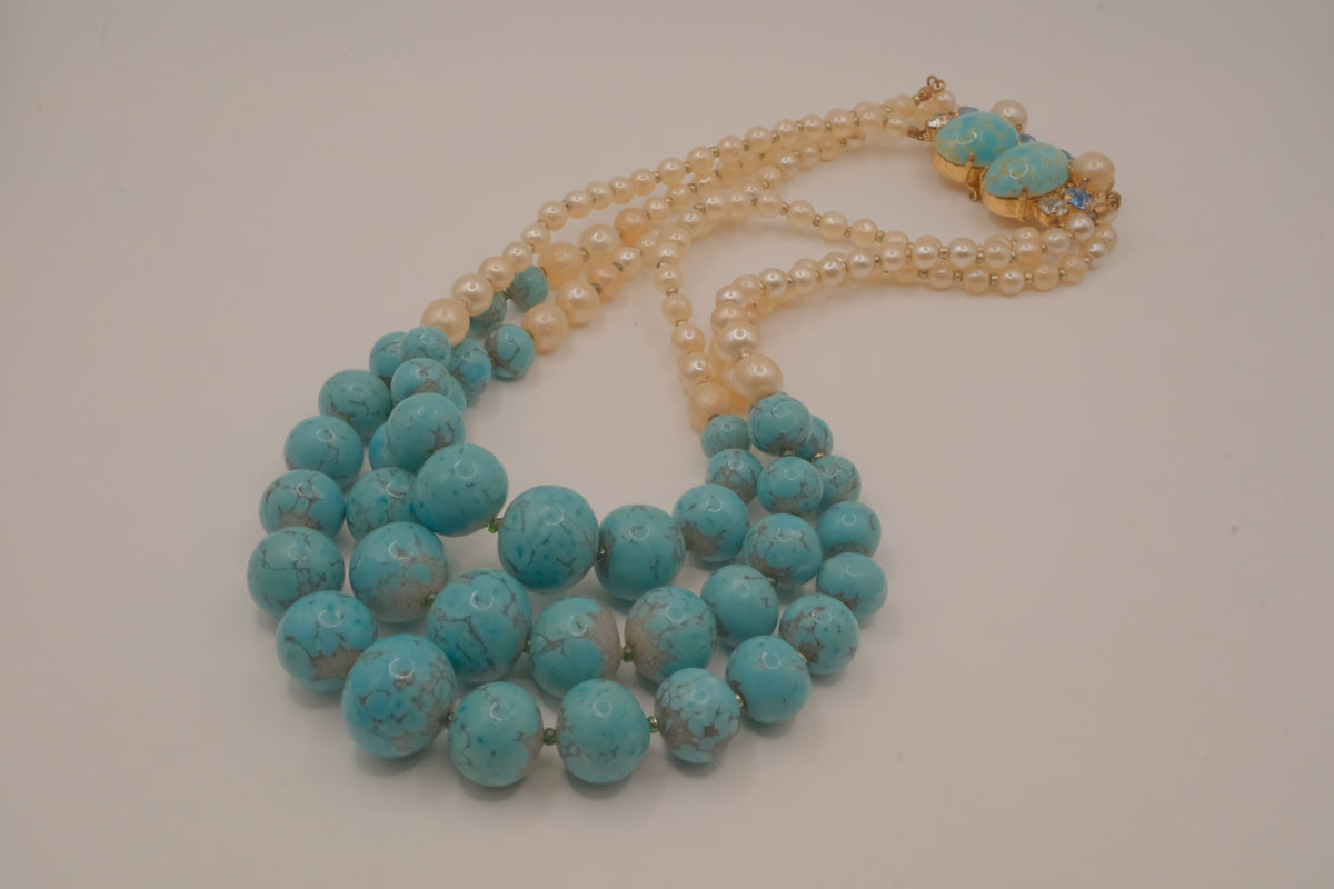 Vintage multi-strand faux turquoise and pearl necklace