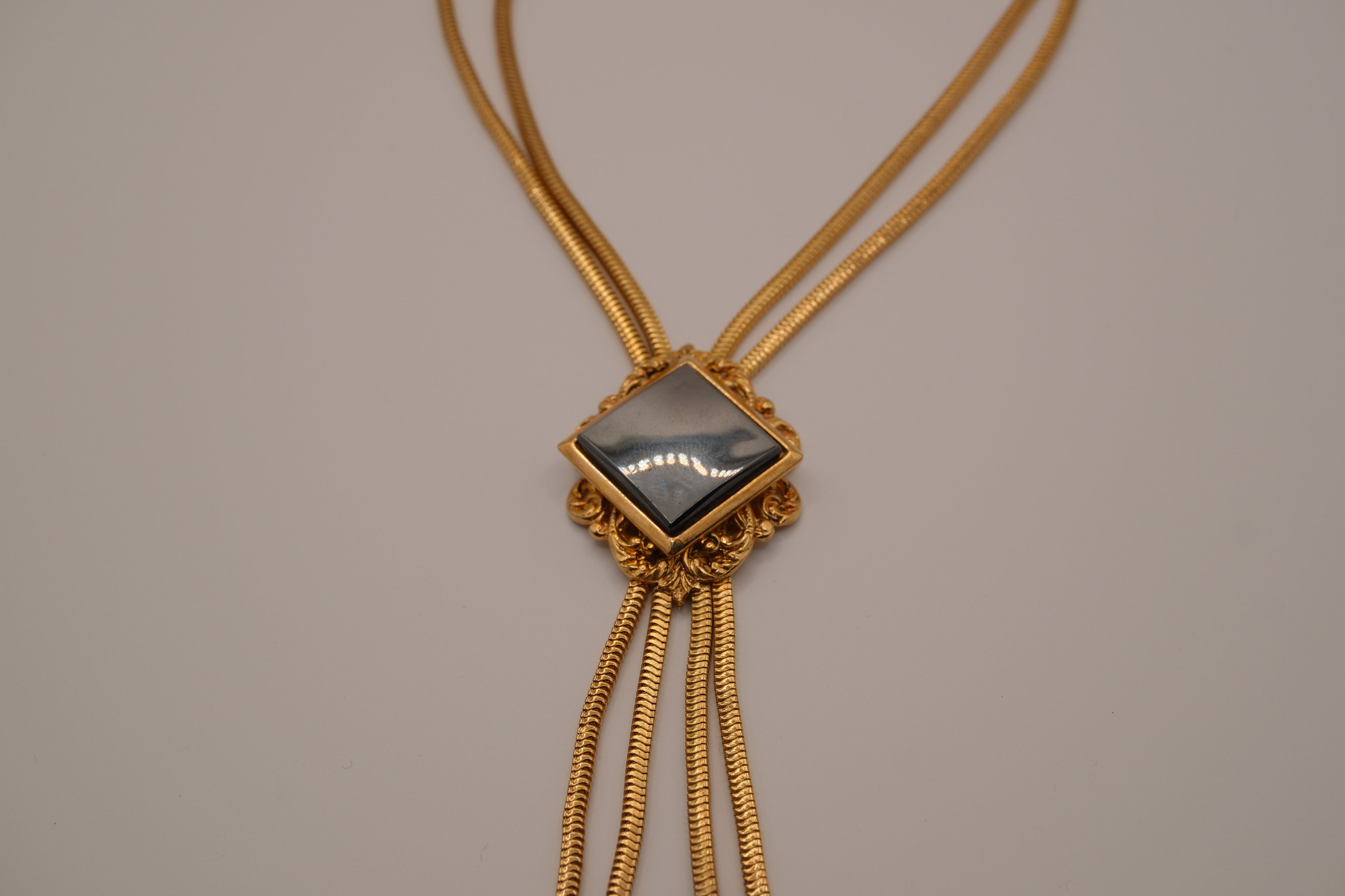 Vintage Art Deco Hematite Multi-Chain Gold-Tone Mesh Necklace