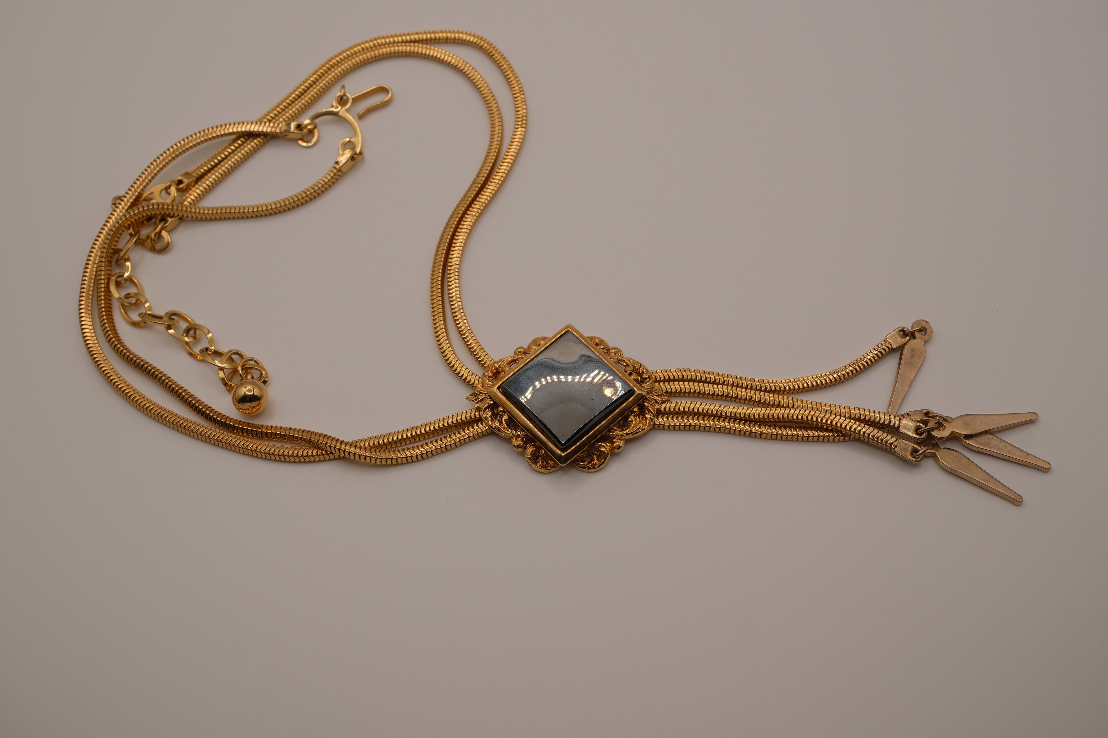 Vintage Art Deco Hematite Multi-Chain Gold-Tone Mesh Necklace