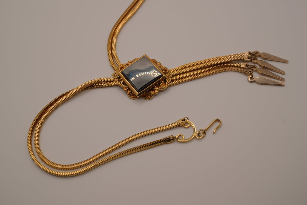 Vintage Art Deco Hematite Multi-Chain Gold-Tone Mesh Necklace